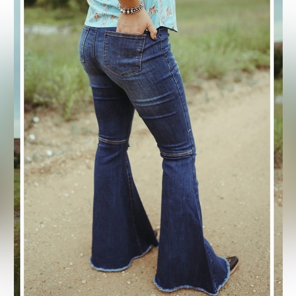 Home Folk Distressed Women's Mid Wash Blue Flare Jeans - Picture 2 of 16